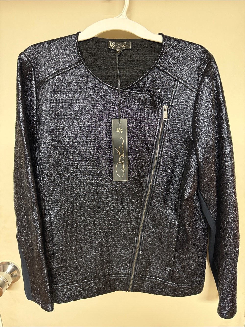 DG2 by Diane Gilman Metallic Navy Blue Asymmetrical Zip Jacket